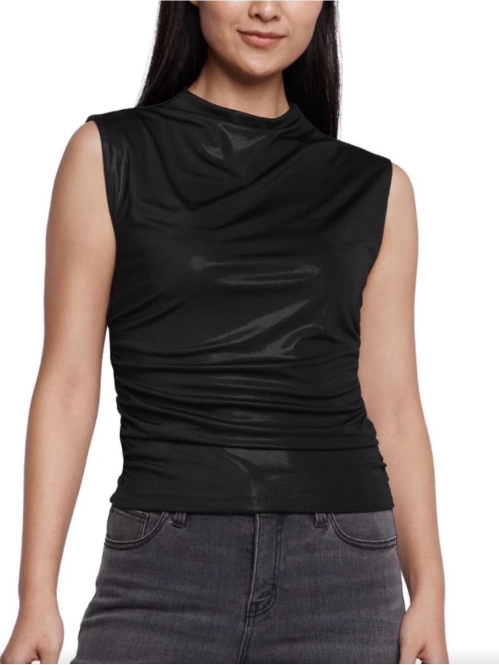 Express Black Shimmery Sleeveless Mock Neck Ruched Tank - Size M NWT